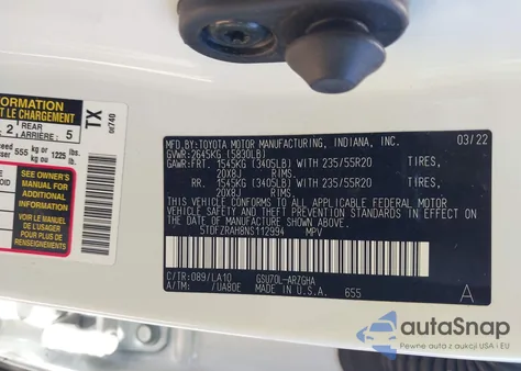 2022 Toyota Highlander Platinum z USA, uszkodzony, nr VIN 5TDFZRAH8NS112994